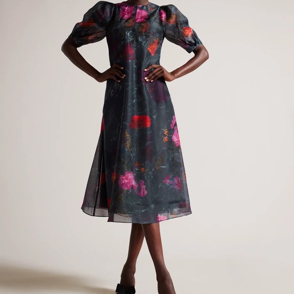 Ted Baker Puff Sleeve Dress (color anthracite grey with flowers) size 0 (XS) - Picture 1 of 6